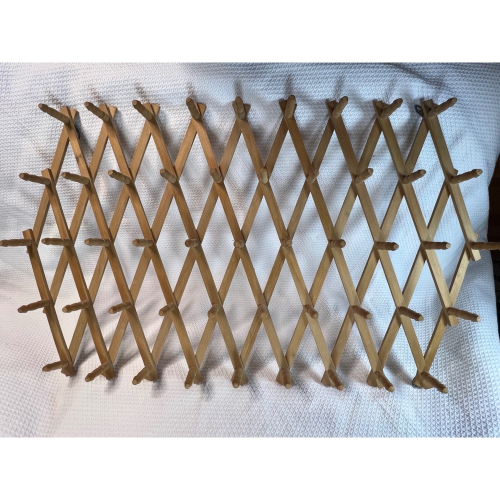 VTG 49 Peg Accordion Wall Rack Natural Wood Expandable‎ 20"x78" Hat Mug Holder